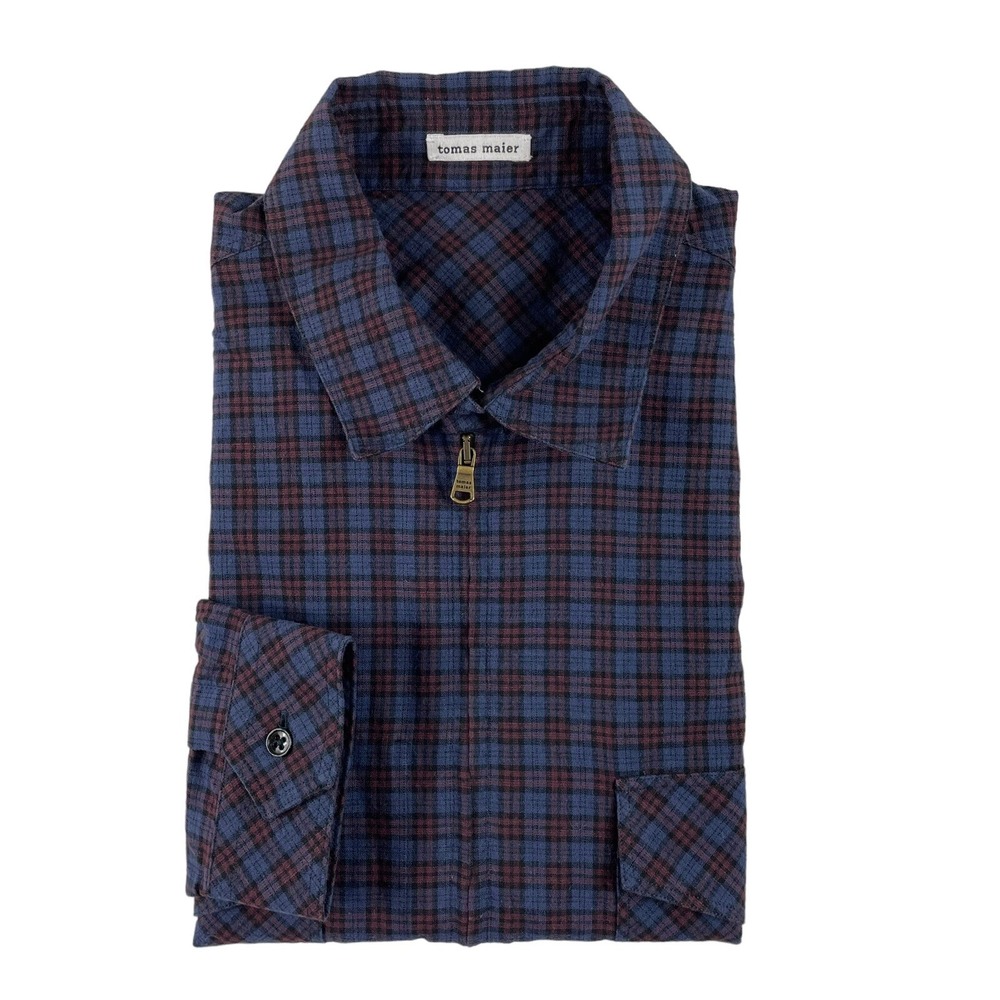 Tomas Maier Mens Blue Red Checked Cotton Linen Full Zip Jacket XL Made in Italy